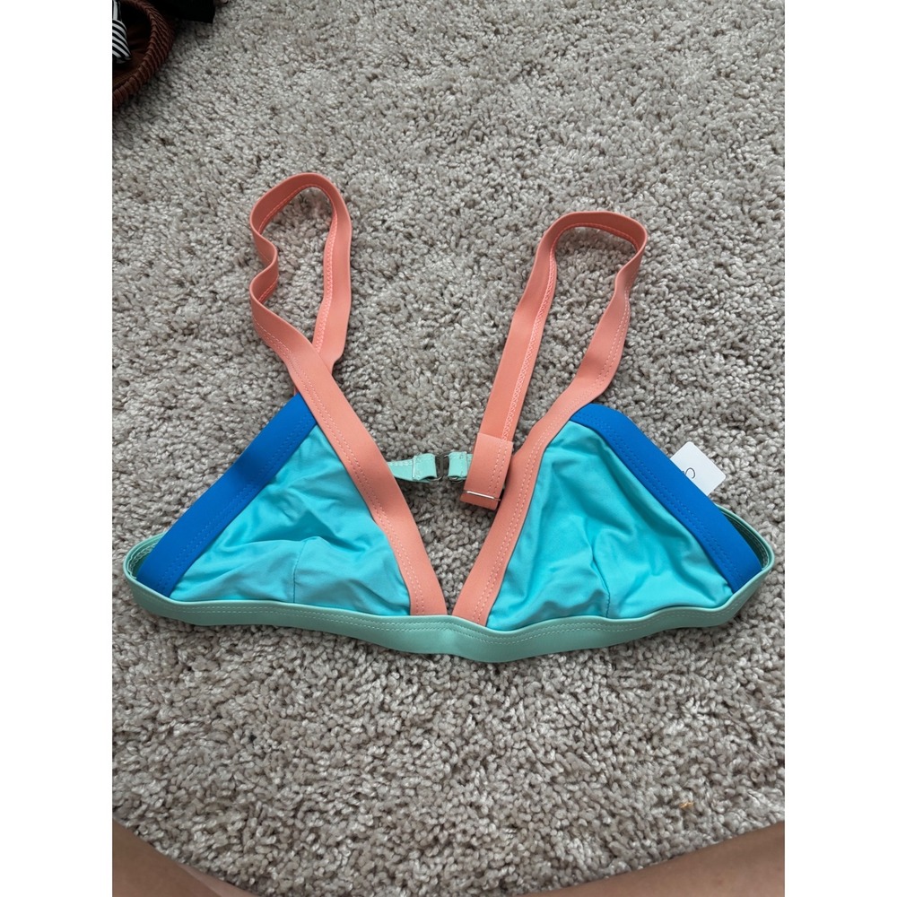 Womens Colorblock Triangle Bikini Top Aqua Blue Coral Sporty Swim Size M